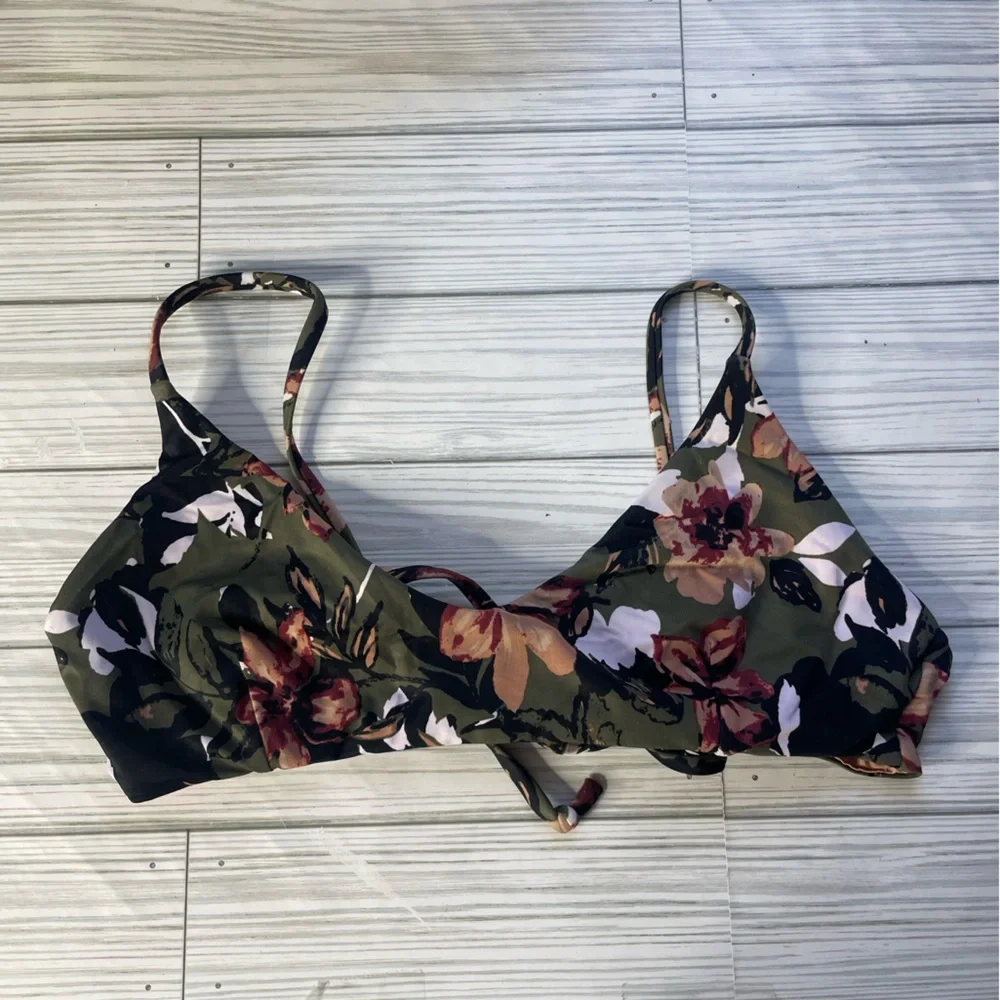 RVCA Floral Olive Green Scoop Bikini Top medium